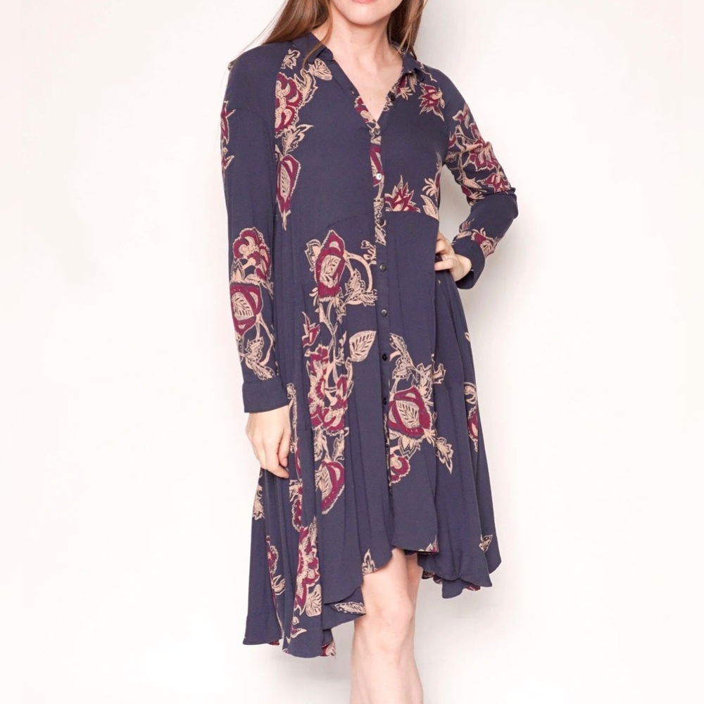 Free People blue purple paisley high-low long sleeve Fit & Flare midi dress XS/S